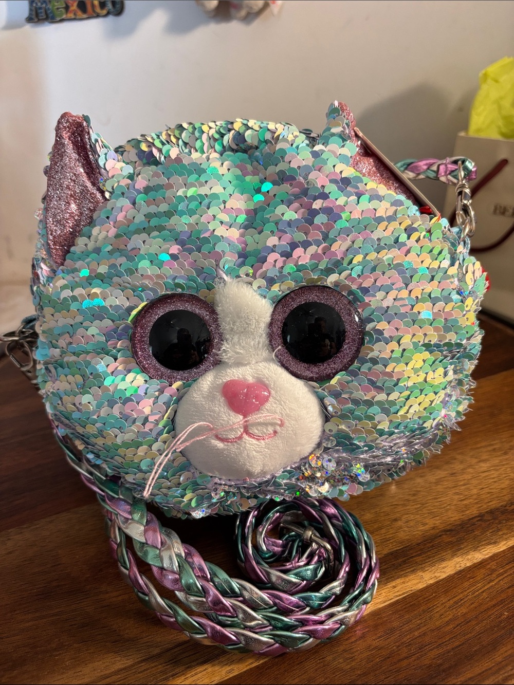 Ty Plush Sequin Cat Crossbody Bag in Iridescent Mint, Pink, Purple